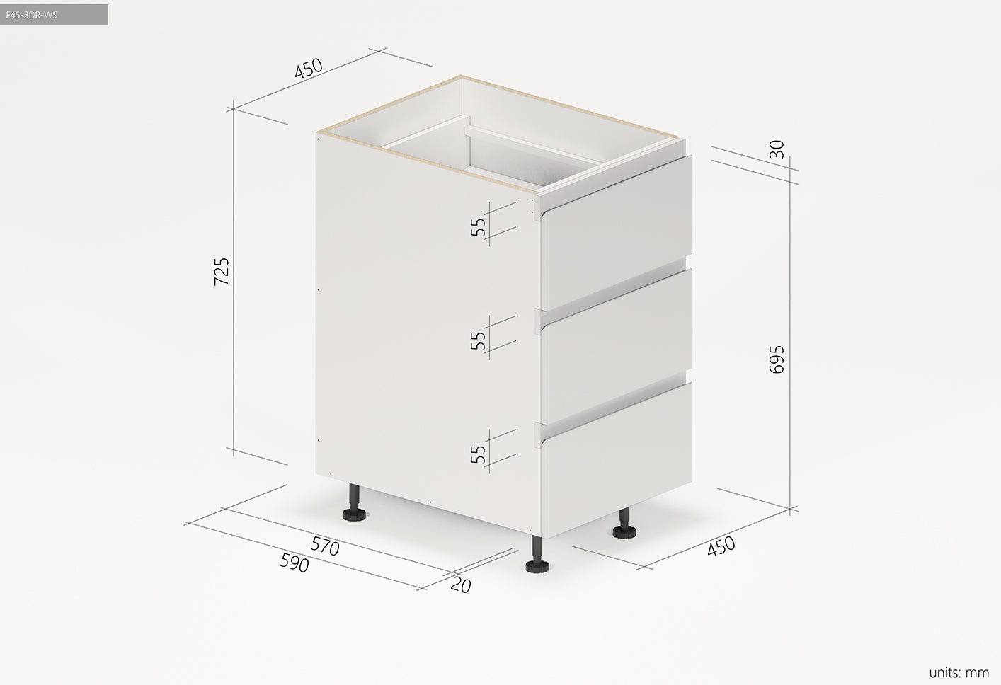 3 Drawer Kitchen Cabinet 450mm