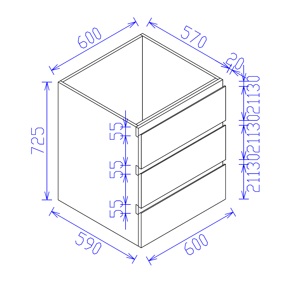 3 Drawer Kitchen Cabinet 600mm